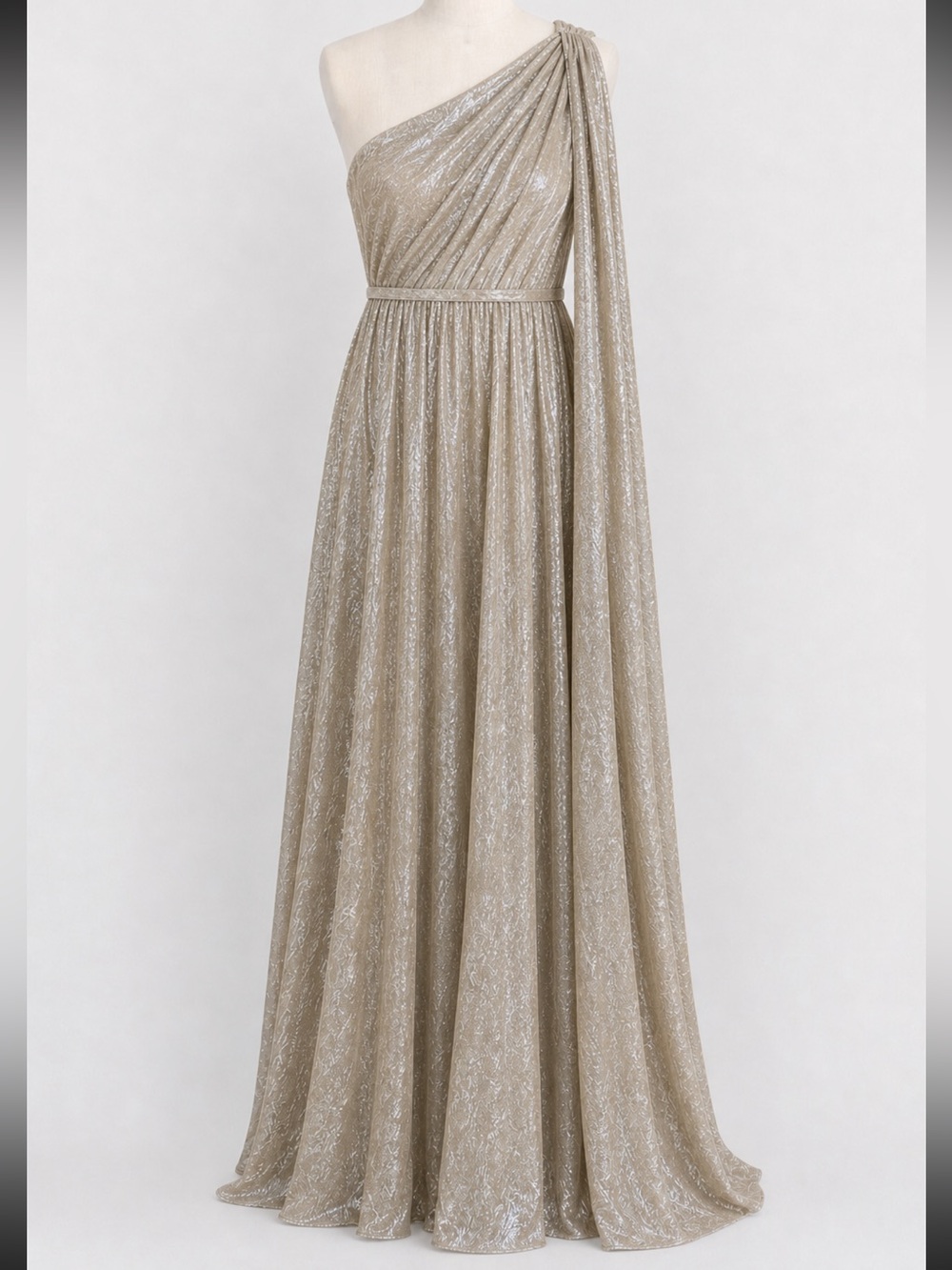 Halston Heritage Metallic One Shoulder Grecian Draped Gown Champagne Size 4 NWOT